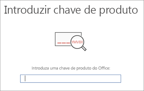 Mostra o ecrã em que introduz a sua chave de produto do Office.