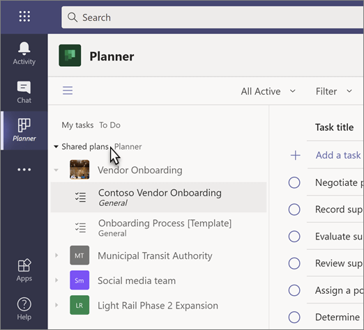 Screenshot da app Tasks, com ponteiro de rato na secção de planos partilhados