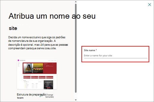 Captura de ecrã a mostrar como atribuir um nome a um novo site online do SharePoint.