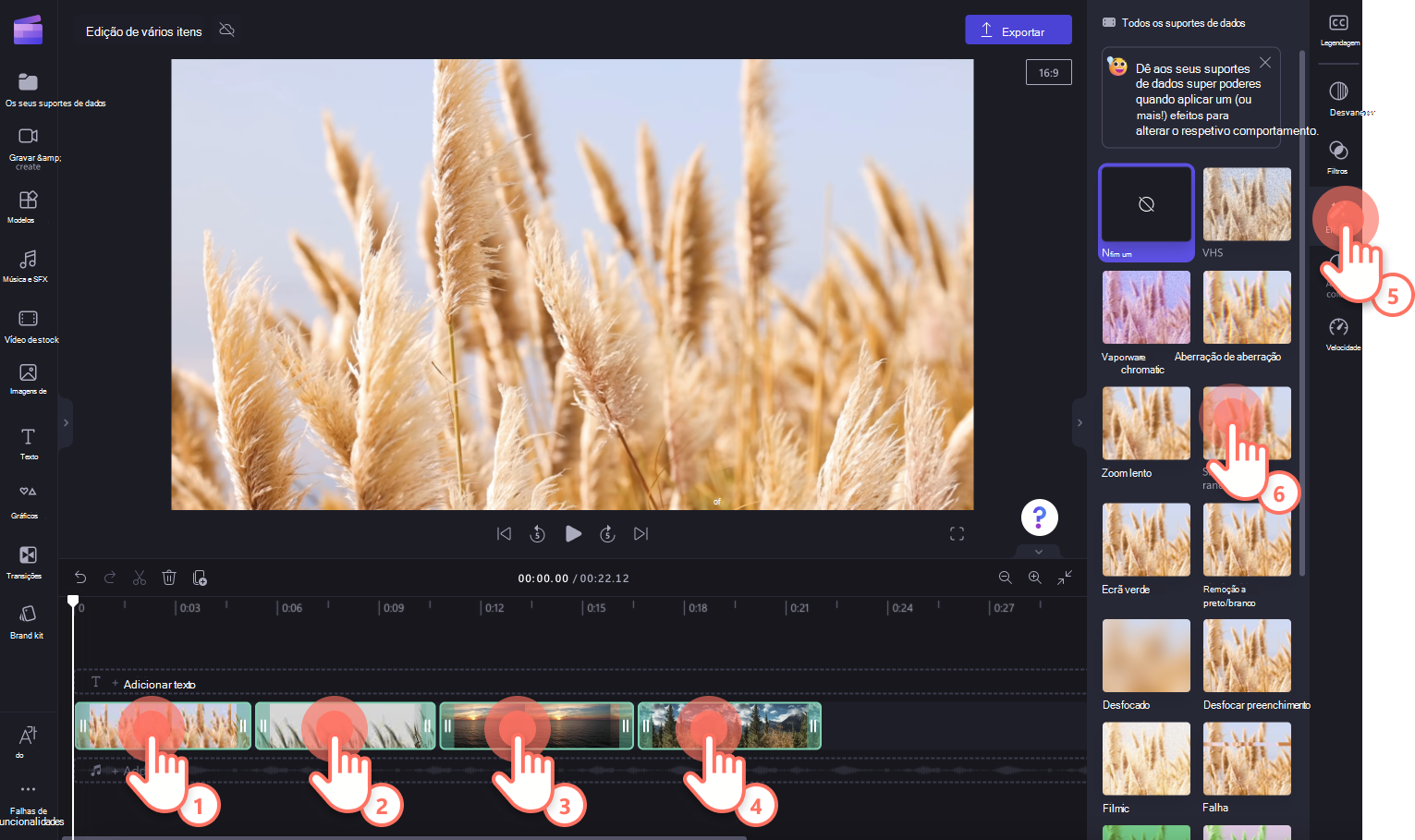 Uma imagem de um utilizador a premir a tecla Shift e a clicar em vários clips de vídeo na linha cronológica.