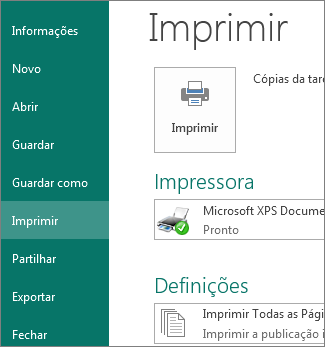 Captura de ecrã das opções de Impressão no Publisher.