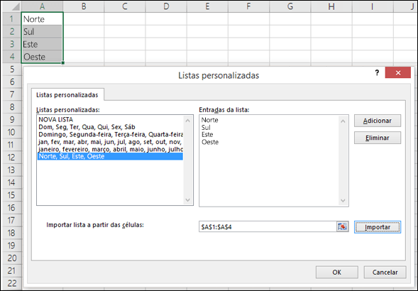 Caixa de diálogo Lista Personalizada em Ficheiro > Opções > Avançadas > Geral > Editar Listas Personalizadas. Para o Excel 2007, clique no Botão do Office > Opções do Excel > Popular > Editar Listas Personalizadas.