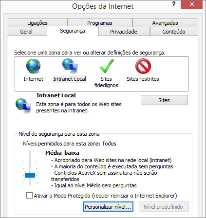 Separador de segurança das opções do Internet Explorer, mostrando o botão de nível personalizado