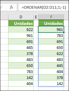Ordenar os valores nas células D2:D11 com =ORDENAR(D2:D11,1,-1)