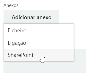 Captura de ecrã da área Anexos de uma janela de tarefas com a lista Anexar aberta.