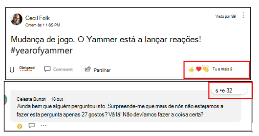 Screenshot mostrando as reações mais populares em Yammer