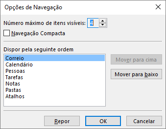 Caixa de diálogo Opções de Navegação na barra de acesso rápido