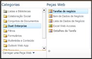 O Selecionador de Peças Web permite-lhe navegar para a peça Web Business Tasks que pretende inserir.