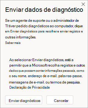 Captura de ecrã da janela a mostrar como enviar dados de diagnóstico ao falar com um agente