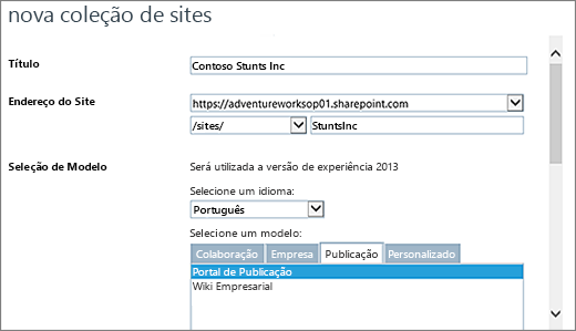Novo diálogo de coleção de site com Portal de Publicação em destaque