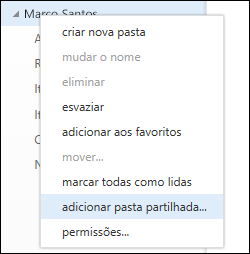 Opção Adicionar pasta partilhada do menu de contexto do Outlook Web App