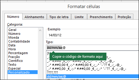Exemplo de utilização da caixa de diálogo Formatar Células > Número > Personalizado para fazer com que o Excel crie automaticamente cadeias de formato.