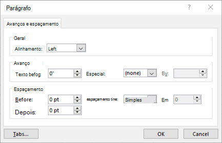 Imagem da caixa de diálogo Parágrafo para editar os identificadores e espaçamentos do texto da caixa de texto
