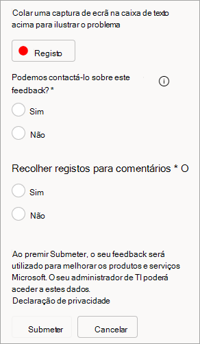 Captura de ecrã a mostrar a opção para permitir o contacto e enviar registos ao submeter comentários