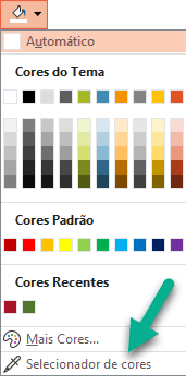 O comando selecionador de cores encontra-se no menu Cor no painel Formatar Fundo.