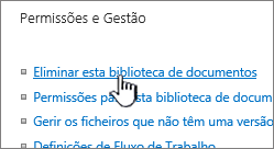 A biblioteca de documentos eliminada na página de definições da biblioteca