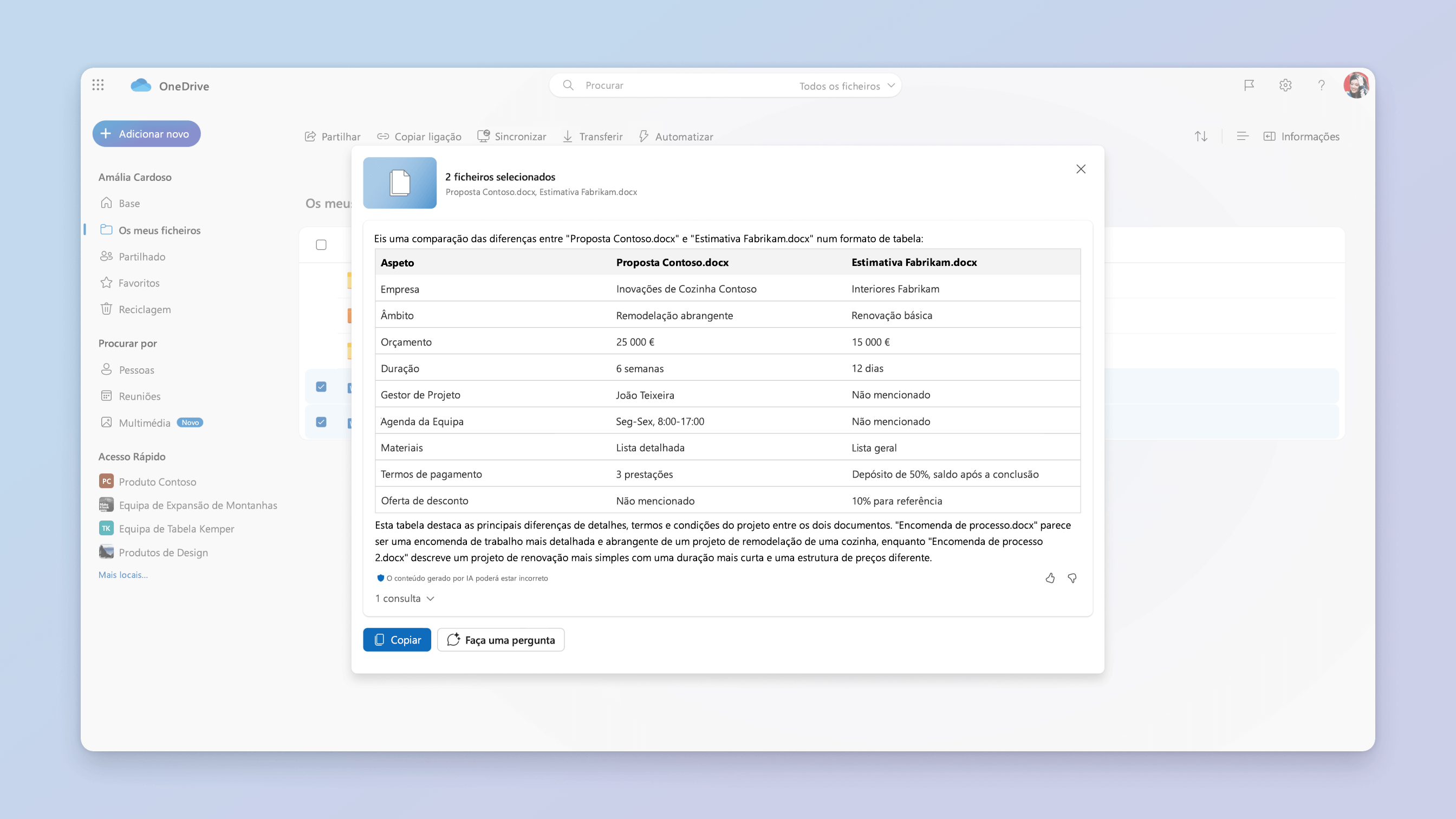 captura de ecrã do cenário de comparação de ficheiros para o Copilot no OneDrive