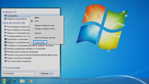 Painel de controlo no sistema operativo Windows 7.