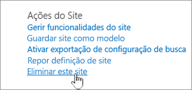 Menu de definições do site com a opção Eliminar este site realçada