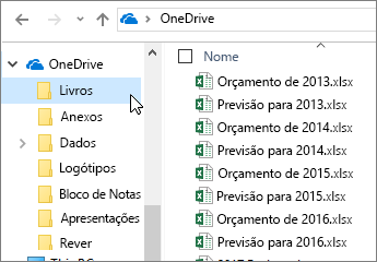 Explorador do Windows, pasta OneDrive, ficheiros do Excel