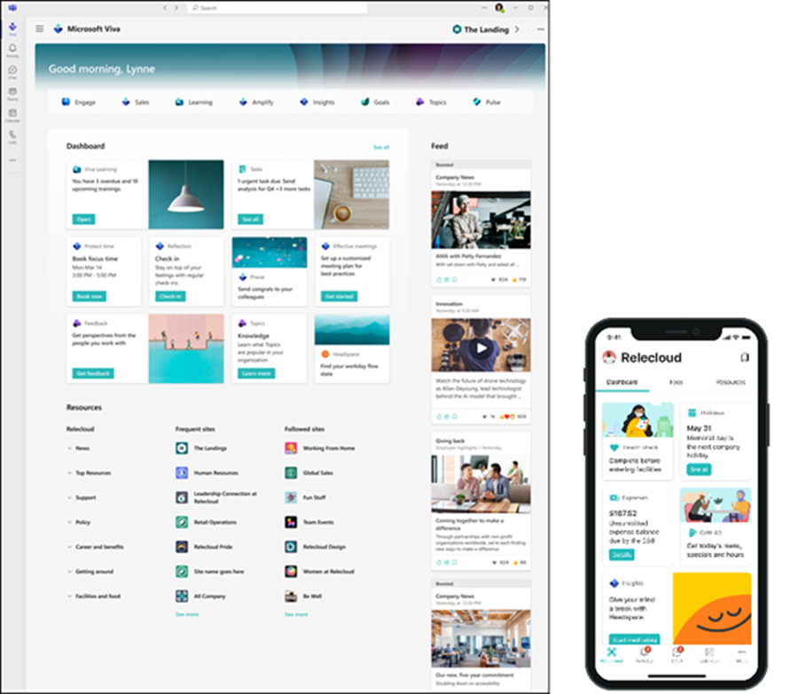 Captura de ecrã de Viva Connections no ambiente de trabalho e em dispositivos móveis