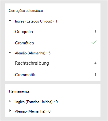 As correções e os aperfeiçoamentos são listados por idioma no painel do Editor.