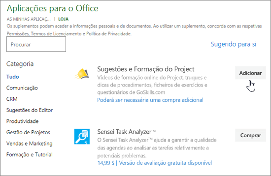 Captura de ecrã da página Suplementos do Office na Loja onde pode selecionar ou procurar um suplemento para o Project.