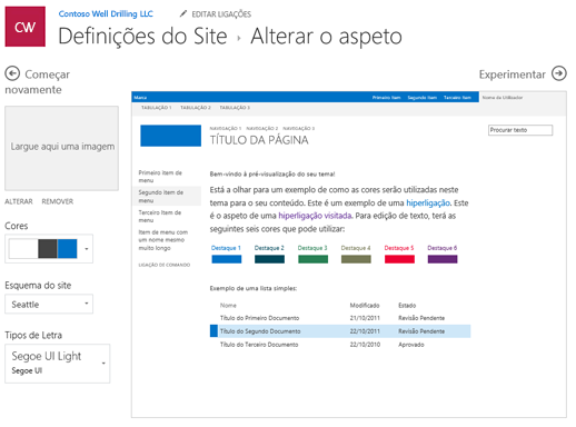 Editar as cores, os tipos de letra e o esquema do aspeto