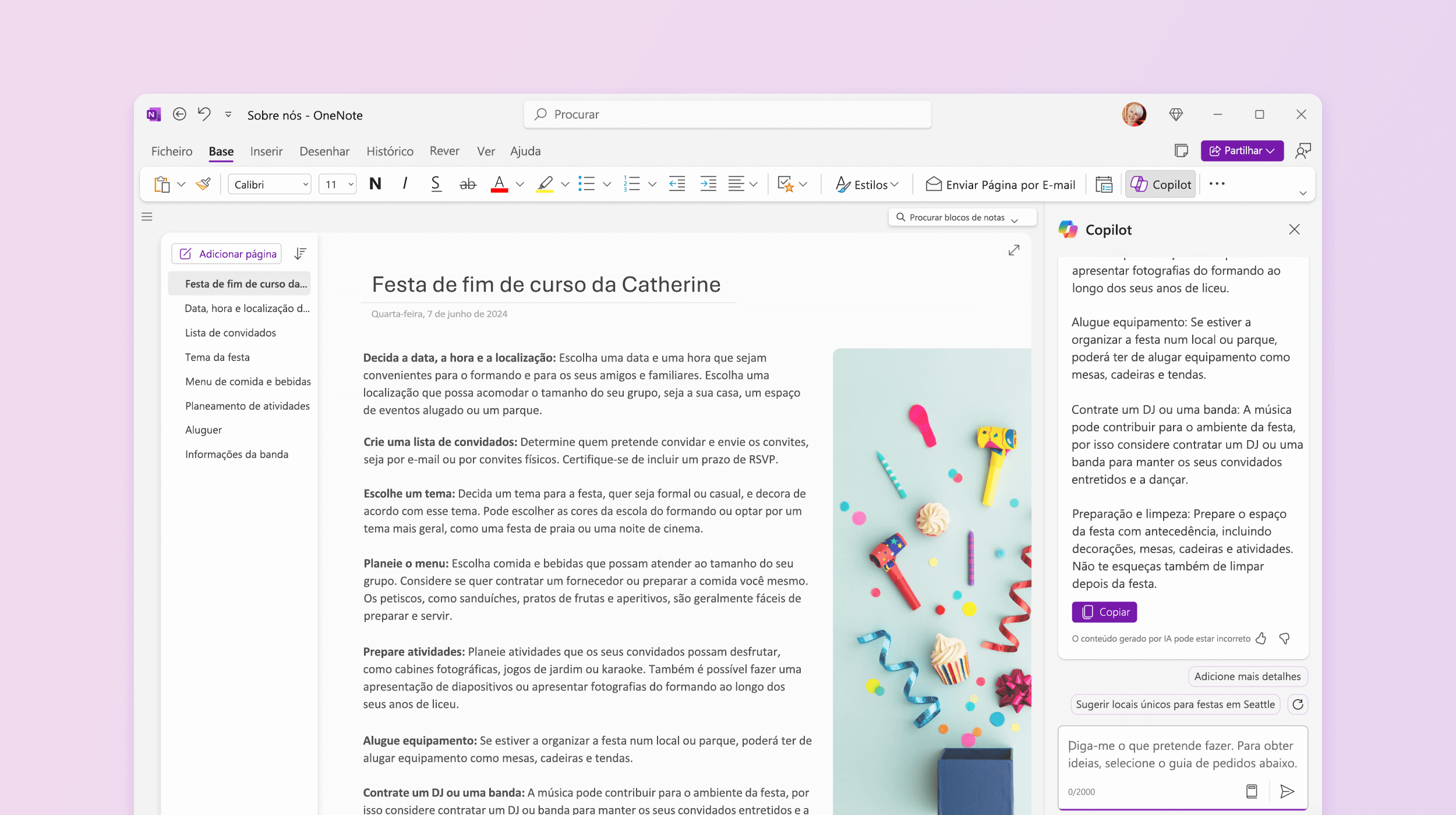 Captura de ecrã a mostrar o Copilot no OneNote a fazer sugestões para experimentar.