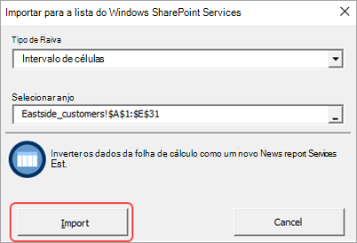 Captura de ecrã da caixa de diálogo Importar para folha de cálculo com o botão importar realçado.