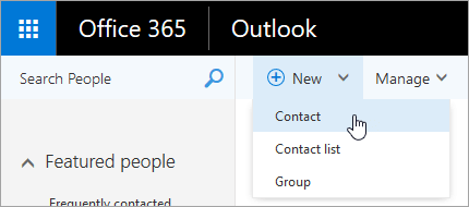Captura de ecrã do menu de contexto do botão "Novo", com "Contacto" selecionado.