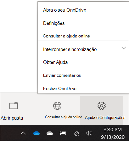 Captura de ecrã a mostrar como aceder às Definições do OneDrive