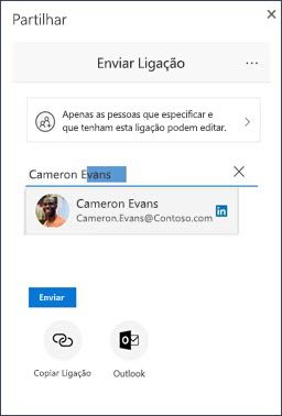 Caixa de diálogo de partilha no OneDrive com um contacto sugerido do LinkedIn
