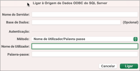 A caixa de diálogo do SQL Server para introduzir o servidor, a base de dados e as credenciais