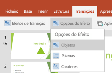 Mostra as transições > menu de opções de efeito no PowerPoint para Android.