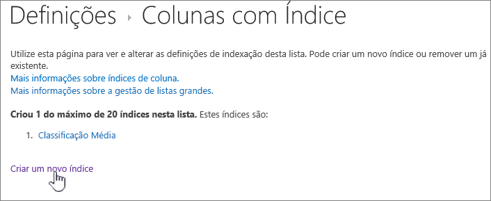 Página de colunas indexadas com a ação Criar um novo índice realçada