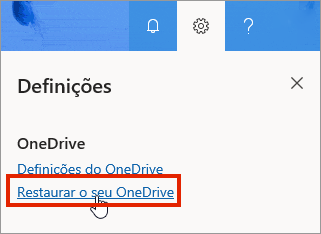 Menu Definições do OneDrive para Empresas online com a opção Restaurar realçada