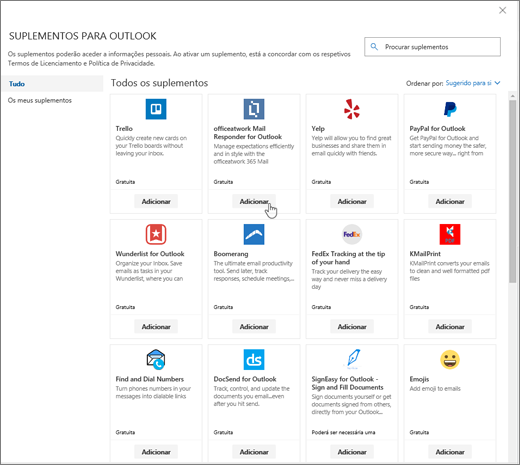 Uma captura de ecrã a mostrar a página Suplementos para o Outlook.