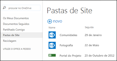 Selecione as Pastas de Sites na Barra de Ação Rápida no Office 365 para visualizar a lista de sites do SharePoint Online que está a seguir.