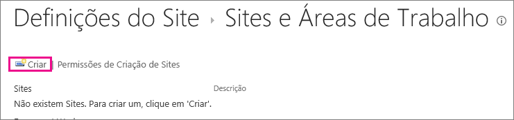 A ligação Criar Site na caixa de diálogo Sites e áreas de trabalho