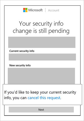 Captura de ecrã de alteração de informações de segurança ainda pendente