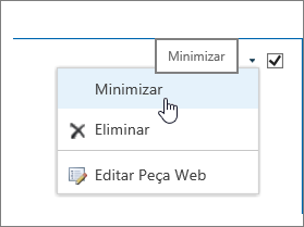 Menu de peças Web com minimizar realçado