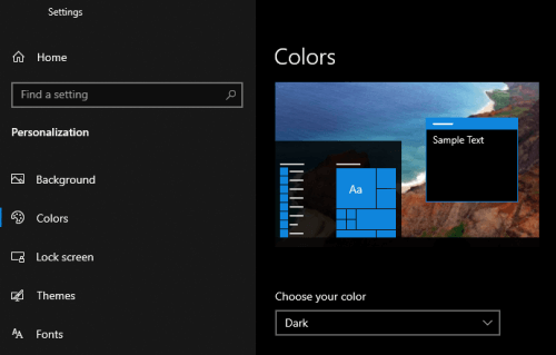 O modo escuro do Windows selecionado nas definições de personalização de um PC.