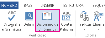 Comando Dicionário de Sinónimos nas Ferramentas de Verificação Linguística no separador Rever