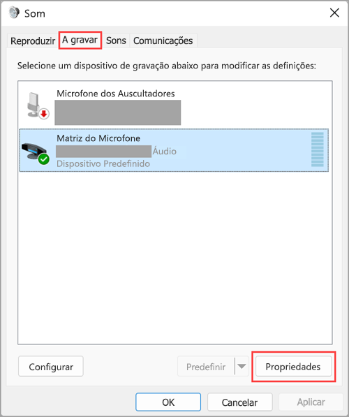 Aceda às propriedades do dispositivo de entrada de áudio nas Definições de Som do Windows 11.