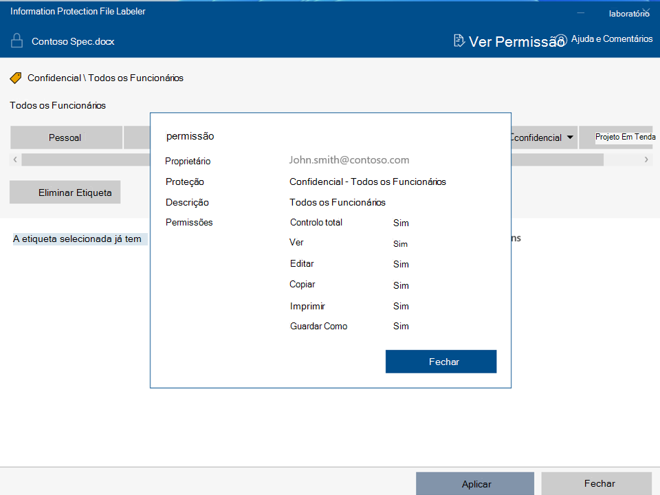 Ver permissões com o Proteção de Informações do Microsoft Purview File Labeler