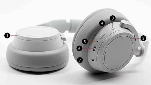 Imagem a explicar os diferentes botões na Surface Headphones. 