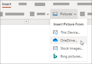 No separador Inserir do friso, selecione Imagens e, em seguida, no menu, selecione o tipo de imagem que pretende.