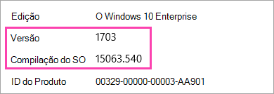 Captura de ecrã da mostrar os números de versão e compilação do Windows