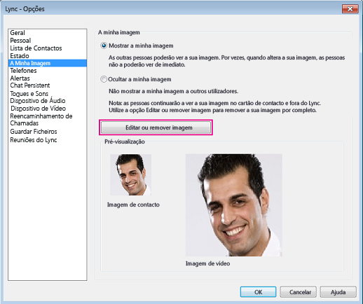 Captura de ecrã da janela Opções de A Minha Imagem com os comandos Editar ou Alterar Imagem em destaque